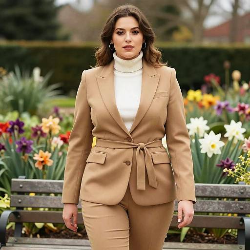 Confident Woman in Camel Pantsuit