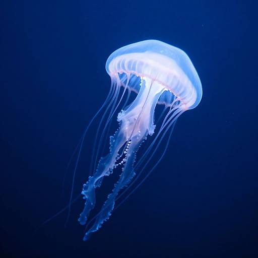 Photograph of a glowing, translucent blue jellyfish with delicate, flowing tentacles against a deep blue ocean background.