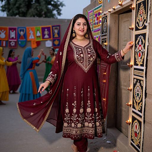 Photograph of a smiling South Asian woman in a maroon embroidered traditional dress, standing by a lit door, surrounded by colorful festival decorations and other women