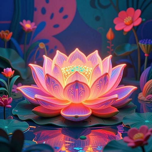 Glowing neon lotus flower with vibrant pink, purple, and blue petals illuminated in a dark, colorful aquatic garden. Digital art.