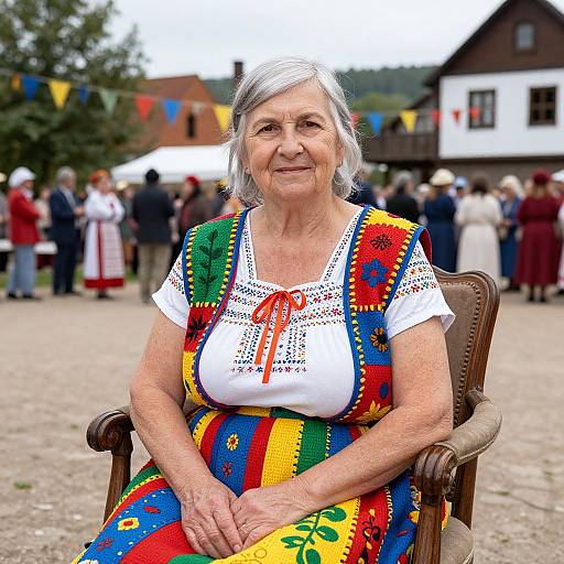 Photograph of an elderly woman with gray hair, wearing a white blouse and vibrant, colorful embroidered dress, seated outdoors at a festive gathering with blurred background