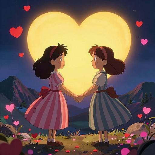 Cartoon-style illustration of two girls in striped dresses holding hands under a glowing yellow heart moon, surrounded by pink hearts and flowers. Nighttime mountain background