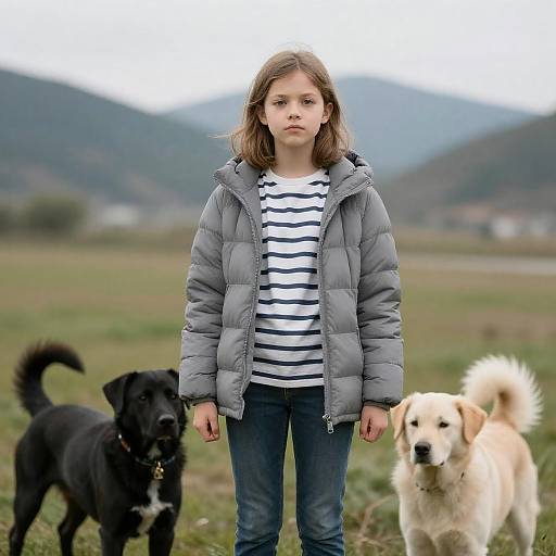 Young Girl with Dogs in Grassy Field