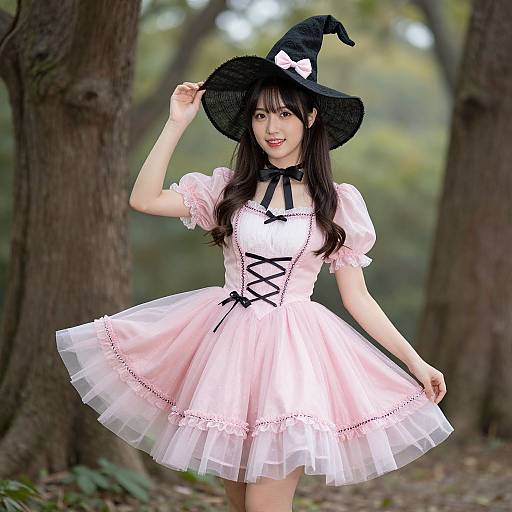 Young Asian woman in a pink, lace-trimmed, puffed-sleeve witch dress with black ribbon corset, black hat with white bow