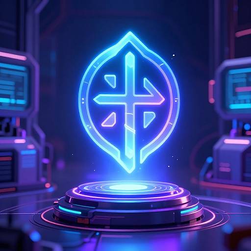 Neon blue and purple glowing symbol of a cross inside a leaf, centered on a futuristic circular platform, flanked by blurred tech screens. Digital artwork