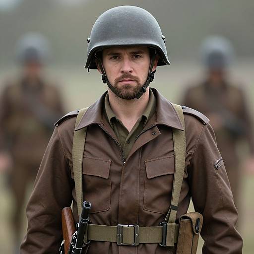 Photograph of a serious, bearded soldier with a stern expression, wearing a steel helmet, brown uniform, and backpack, with blurred background soldiers.