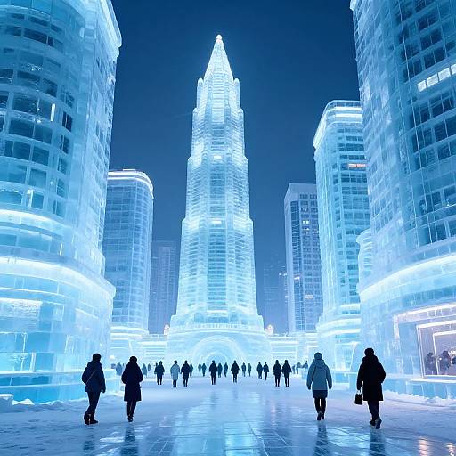 Photograph of a nighttime urban scene featuring a glowing, ice-structured skyscraper flanked by illuminated glass buildings, with silhouetted people walking
