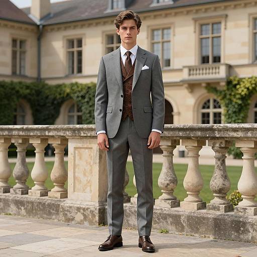 Young Man in Elegant Gray Suit Outdoors