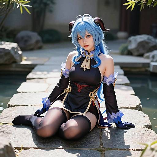 Photograph of a blue-haired, anime-style cosplayer with black horns, black outfit, white lace, and thigh-high stockings, sitting on a stone