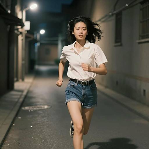 Dynamic Woman Running in Dim Alley