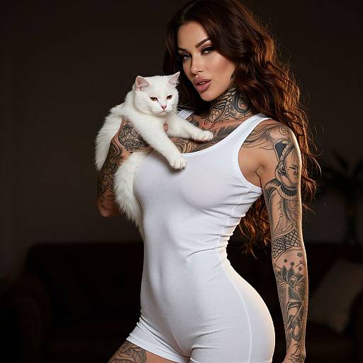 Glamorous Tattooed Woman with White Cat