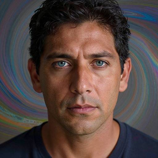 Photograph of a middle-aged man with blue eyes, short dark curly hair, and a serious expression, against a colorful spiral background. He wears a