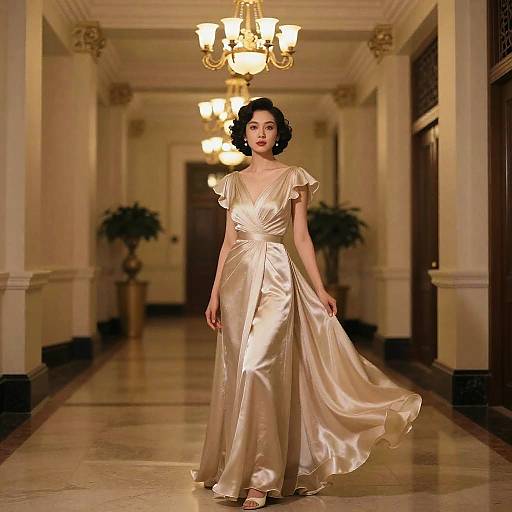 Photograph of an Asian woman with short black hair, wearing a flowing, ivory satin gown, walking down a luxurious, warmly lit, chandelier-ad