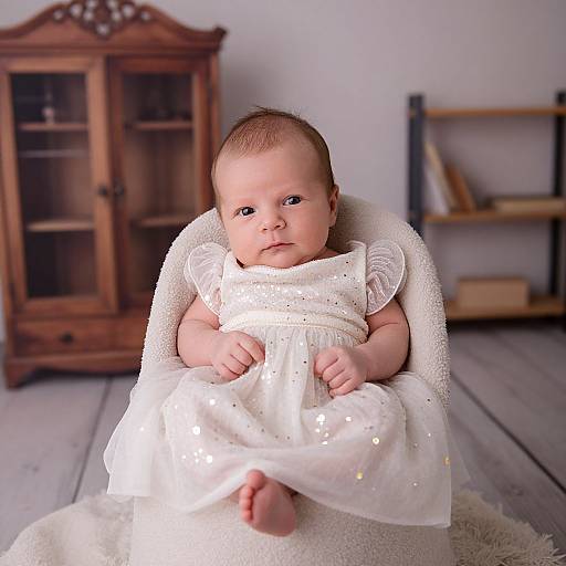 Photograph of a chubby, fair-skinned baby with light brown hair, wearing a white, sequined dress and white blanket, sitting in a wooden