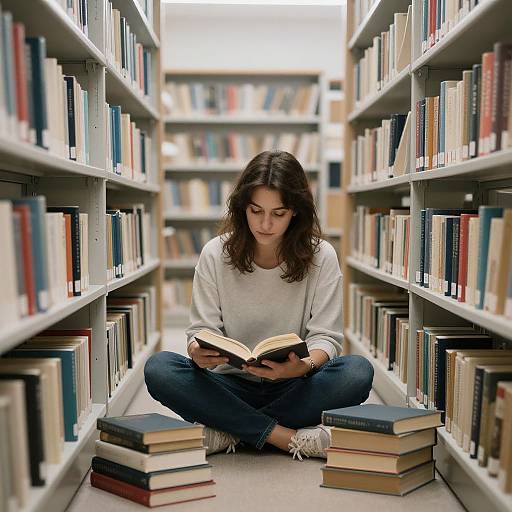Photograph of a young woman with wavy brown hair, wearing a white sweater and blue jeans, sitting cross-legged in a library aisle, reading a