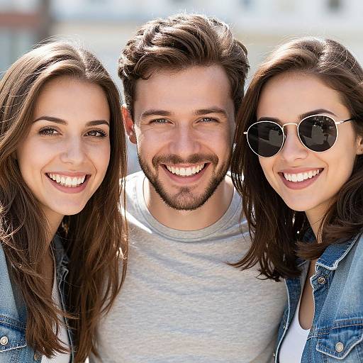 Photograph of three smiling, young adults with brown hair and blue jeans, standing closely together outdoors, with the bearded man in the center wearing a