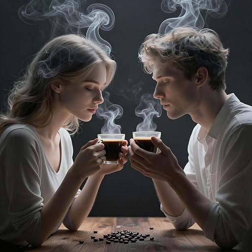 Couple Enjoying Steaming Coffee with Smoke Effect