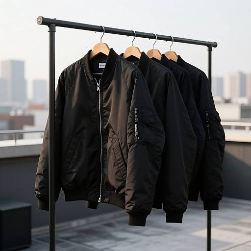 Photograph of three black puffer jackets hanging on a metal rack on a rooftop, with a blurred cityscape background.