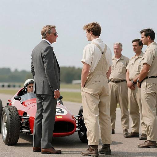 Vintage Pit Crew Beside Red Racer