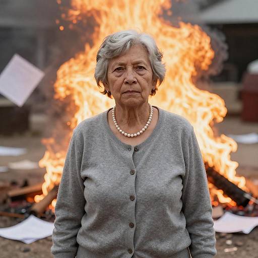 Resilient Woman Amidst Fiery Chaos