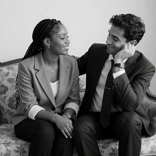 Black and White Portrait of Couple on Floral Couch