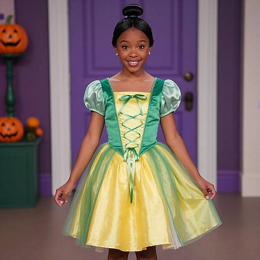 Photograph of a young Black girl with dark skin, wearing a yellow and green Disney-inspired dress, smiling in front of a purple door with Halloween pump