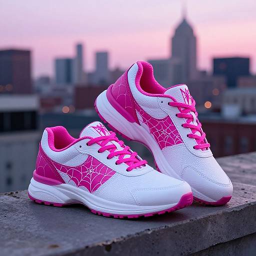 Photograph of vibrant white and pink sneakers with spiderweb patterns, pink laces, and white soles, set against a blurred cityscape at dusk