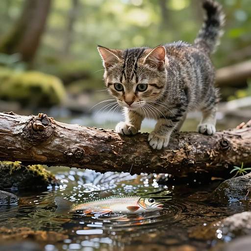 Photograph of a curious, small, tabby kitten with green eyes, standing on a mossy log over a reflective, sunlit stream in a