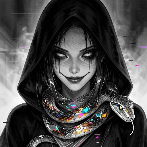 Digital drawing of a pale, freckled woman with dark eyes and a sinister smile, wearing a black hooded cloak, with a colorful, ir