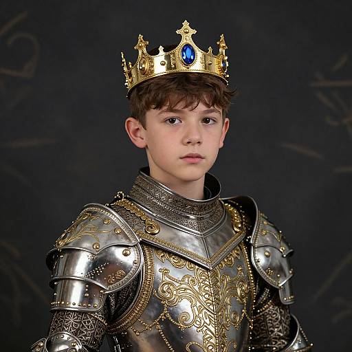 Photograph of a young boy with fair skin and brown hair, wearing ornate medieval silver armor and a gold crown with a blue gem, against a
