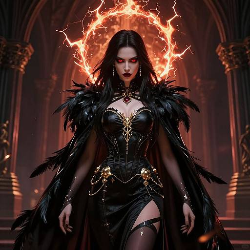 Digital artwork of a dark-haired, red-eyed woman with black feathered cape, glowing halo, and intricate black dress, standing in an ornate,
