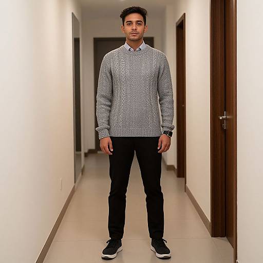 Photograph of a young man with short black hair, light brown skin, wearing a gray herringbone sweater, black pants, and black sneakers,