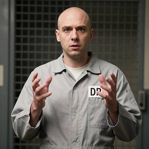 Bald Man in Gray Prison Jumpsuit Gesture