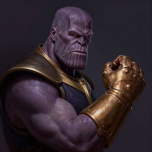 CGI image of muscular, bald, purple-skinned Thanos with a gold armor gauntlet, clenched fist, and intense expression against a dark