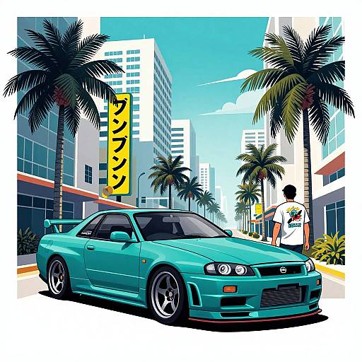 Digital illustration of a teal Mitsubishi Eclipse sports car parked on a sunny, palm tree-lined urban street with modern buildings and a yellow Japanese sign in the background