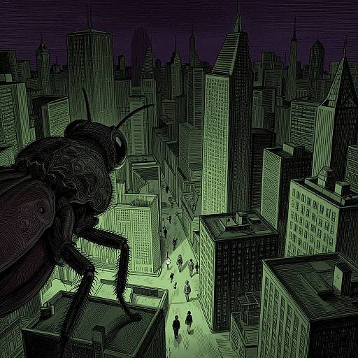 Digital comic-style illustration: A massive, detailed insect with antennae perches on a city skyscraper, overlooking a glowing neon-lit cityscape and