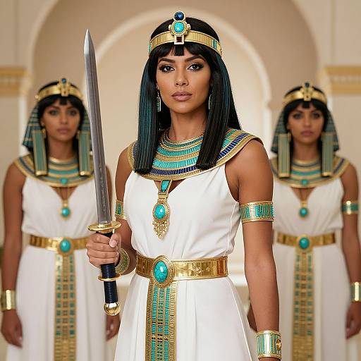Photograph of a confident Black woman in an ancient Egyptian warrior costume, holding a sword, with two identical women in white dresses and gold accessories in the