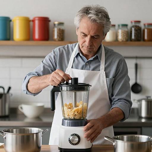Focused Chef Blending Ingredients in Kitchen