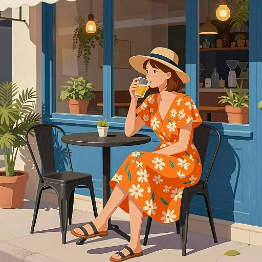 Sunny Café Scene with Stylish Woman