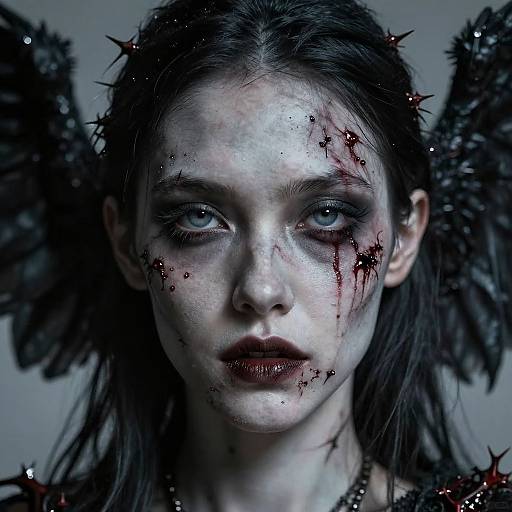 Digital portrait of a pale, blood-streaked woman with dark, spiked wings, eerie blue eyes, and dark makeup, set against a gray background