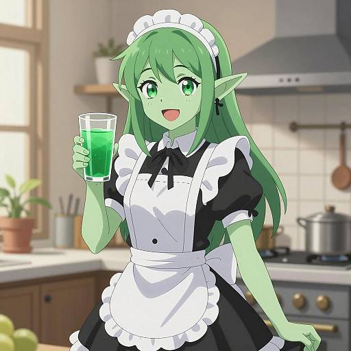 Anime Green-Skinned Elf Maid in Kitchen