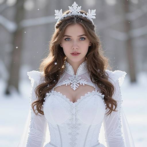 Photograph of a young woman with long brown hair, blue eyes, and fair skin, wearing a white lace snowflake-embellished dress and