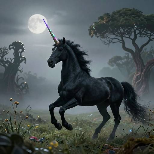 Surreal Black Unicorn in Misty Meadow