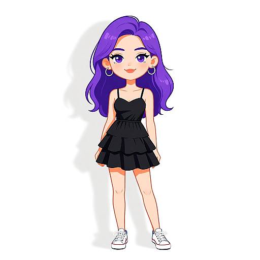 Chibi-style digital drawing of a cute girl with long purple hair, wearing a black sleeveless dress, white sneakers, and hoop earrings, smiling against