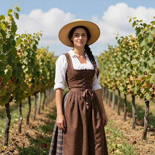 Photograph of a smiling woman with long brown hair in a braid, wearing a straw hat, white shirt, brown apron dress, standing in