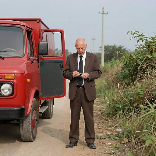 Bald Man on Dirt Road with Vintage Truck