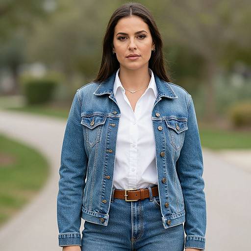 Photograph of a confident woman with long dark hair, wearing a denim jacket, white shirt, and jeans, standing on a park path.