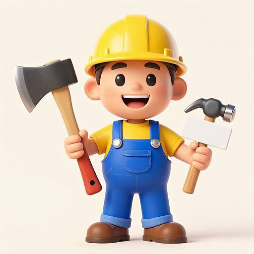Cartoon 3D digital illustration of a happy construction worker in yellow helmet, blue overalls, holding axe and hammer, smiling.