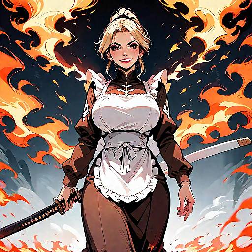 Digital anime-style illustration of a confident, blonde, voluptuous woman in a black and white maid outfit, holding a katana, surrounded by fiery flames