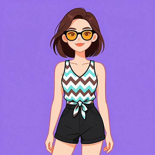 Digital anime-style drawing of a brown-haired woman with orange glasses, wearing a zigzag-patterned tank top and black shorts, against a purple background.
